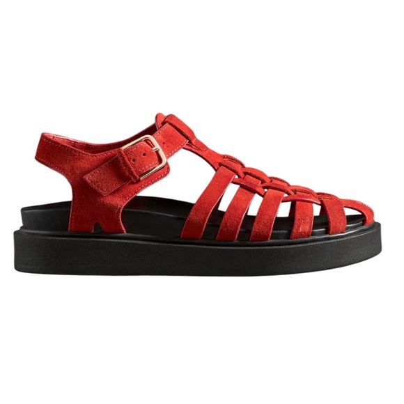 By Anthropologie NWT Red Suede with Black Footbed Fisherman Flats in Sz 38 - Picture 1 of 7